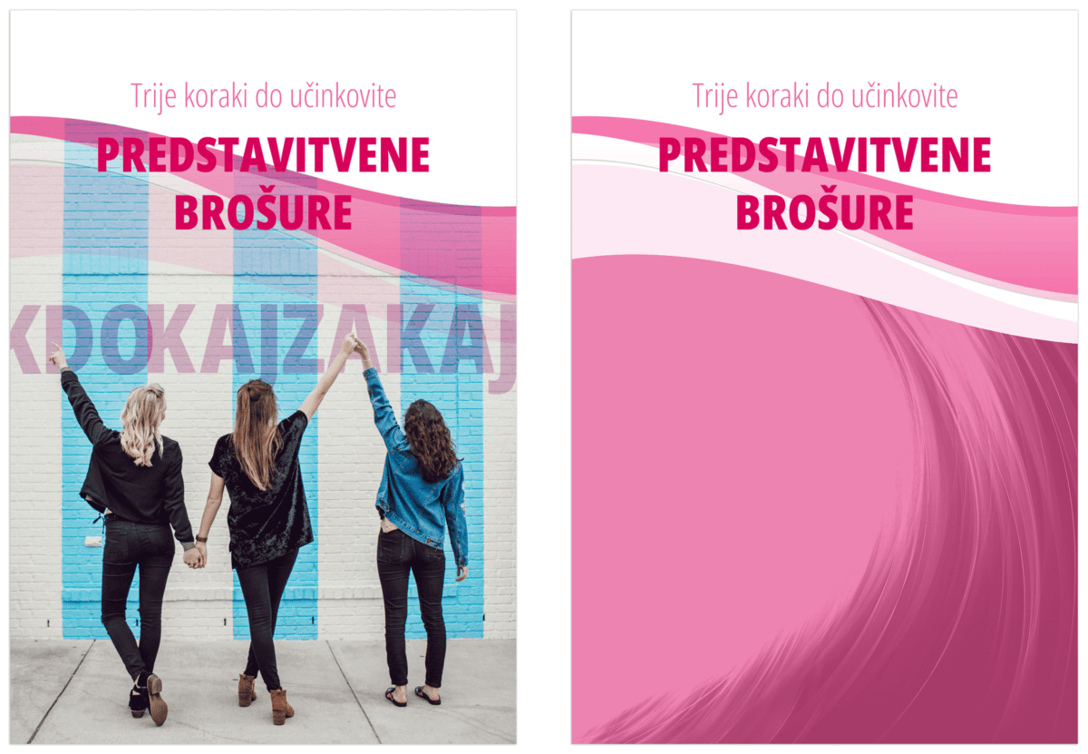 Desno: Primer naslovnice kot vizualne komunikacije, ki nakazuje število tri s tremi stebri in osebami, ki so povezane in nakazujejo kaj boste v tej brošuri našli.Levo: Primer naslovnic kot dekoracija, ki v zvezi z našo vsebino samemu bralcu ne sporoča veliko. V kakšnem drugem primeru, na primer kot je frizerski salon ali vstavljanje lasnih podaljškov, bi takšna naslovnica verjetno imela večjo učinkovitost kot pa jo ima sedaj. 